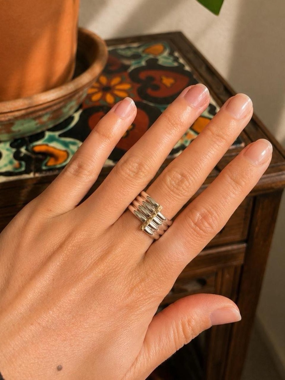 Stacked Mixed Metal Ribbed Band Ring - Silver and Gold